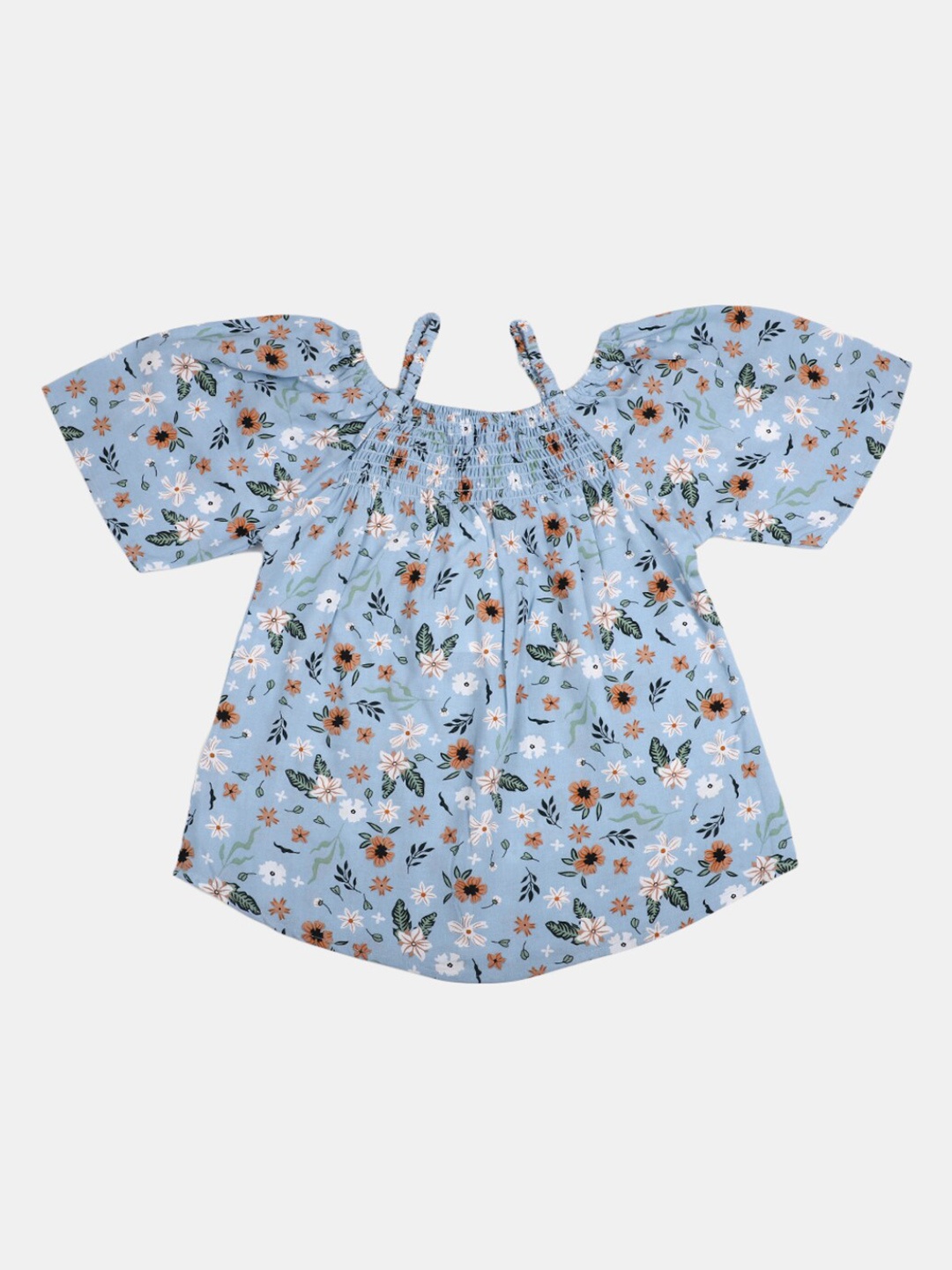 

V-Mart Girls Floral Printed Shoulder Straps Cotton Cambric Top, Blue