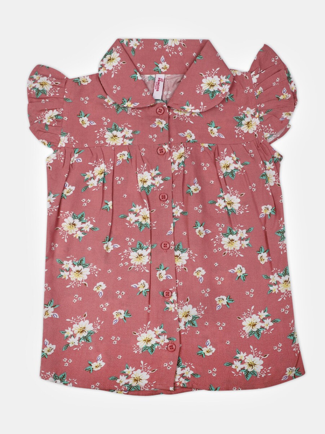 

V-Mart Girls Floral Printed Cap Sleeves Cotton Cambric Shirt Style Top, Pink