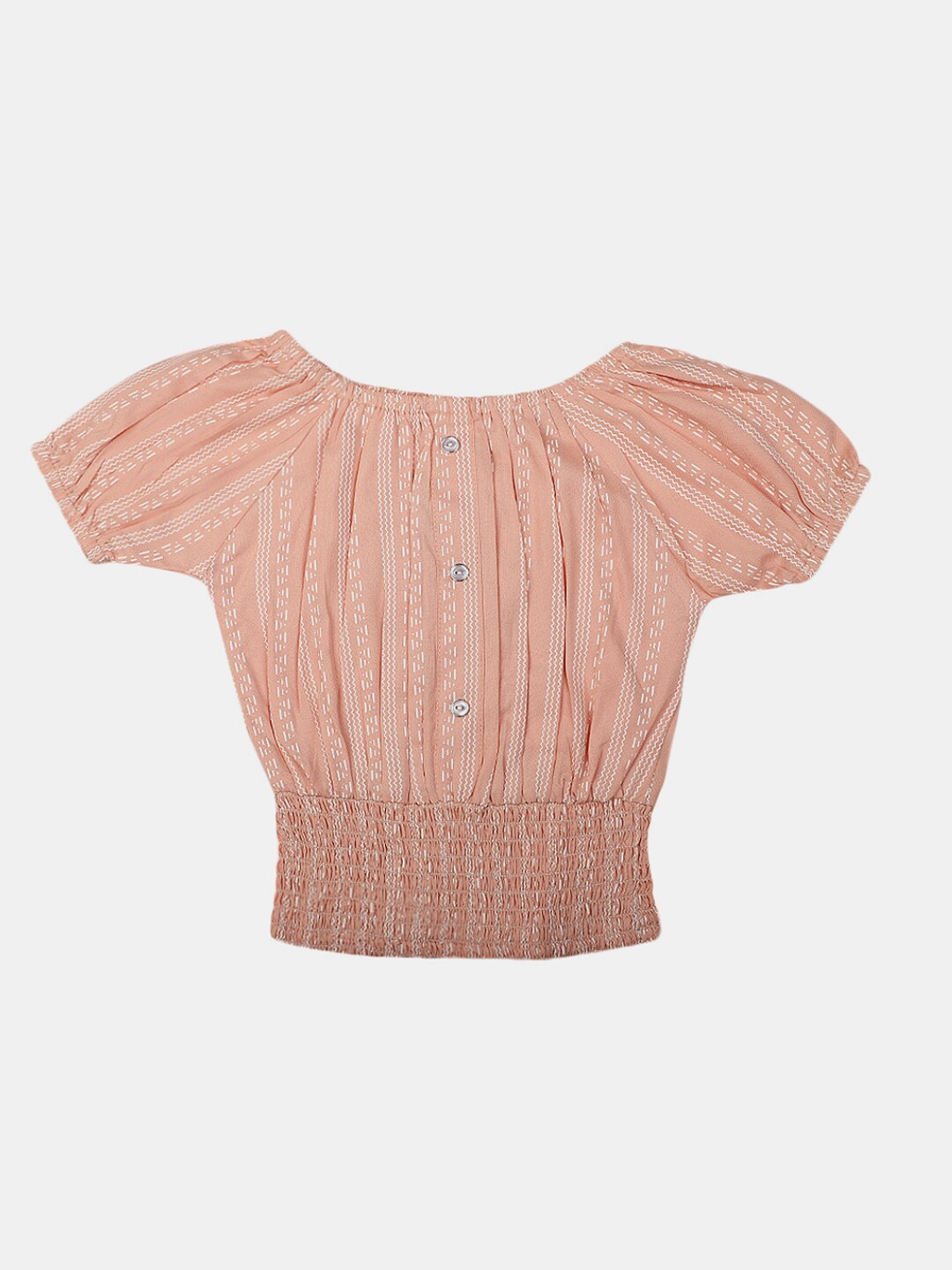 

V-Mart Girls Printed Puff Sleeve Smocking Cotton Blouson Top, Peach