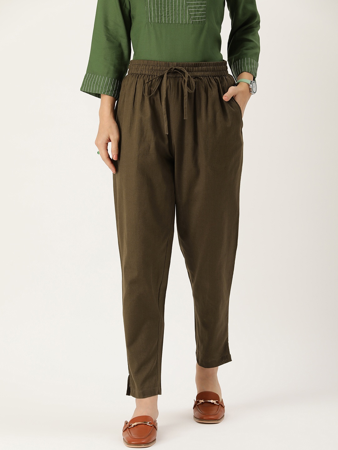 

AMUKTI Women Pencil Pleated Regular Trousers, Olive