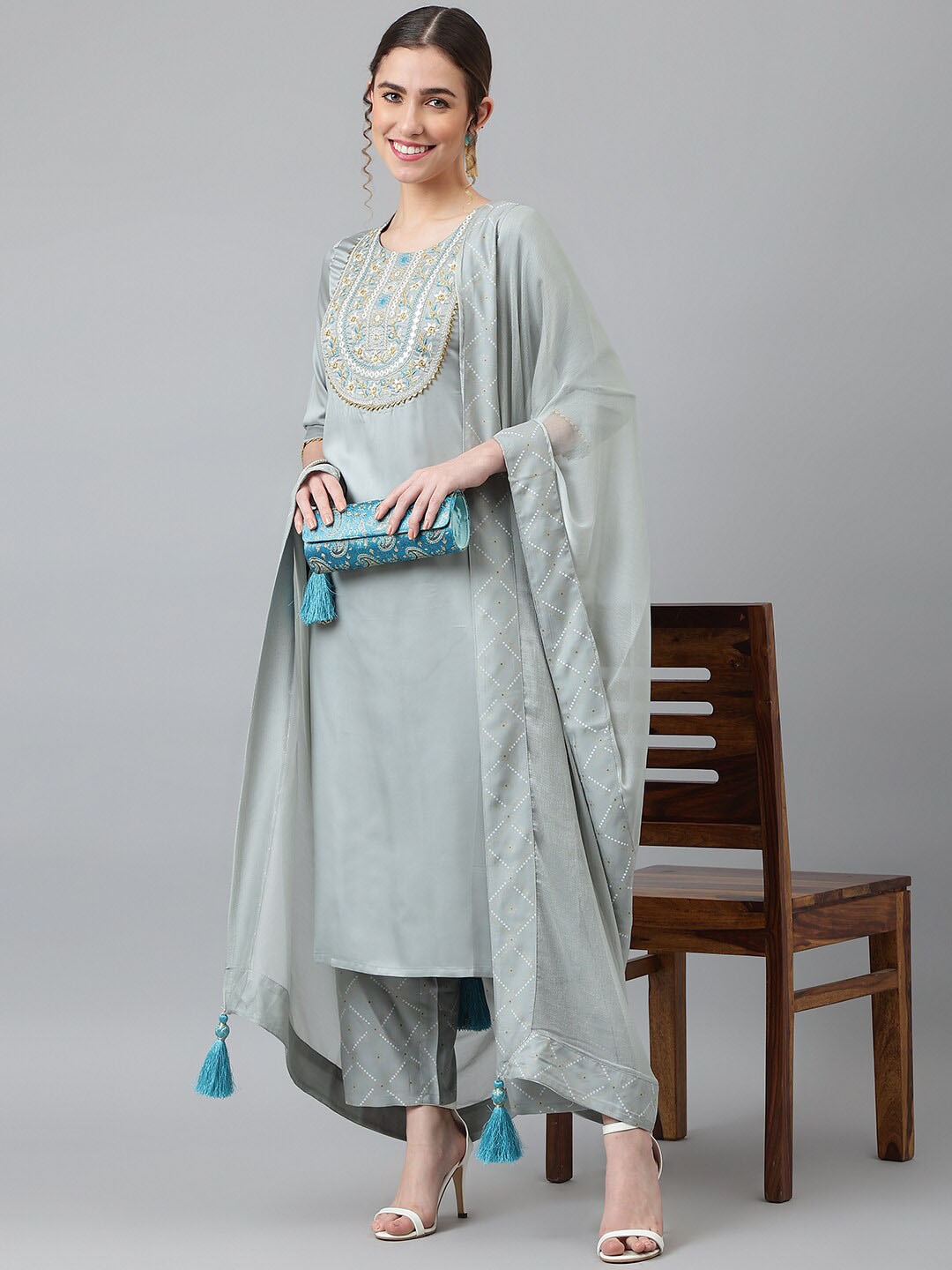 

Khushal K Floral Yoke Design Sequined Kurta with Palazzos & Dupatta, Grey