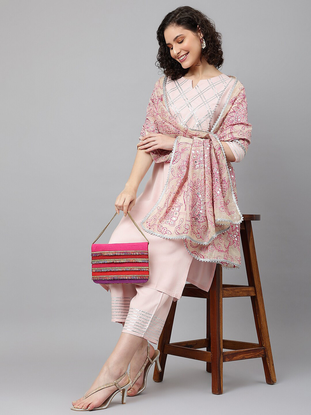 

Khushal K Gotta Patti Notched Neck Kurta with Trousers & Dupatta, Pink
