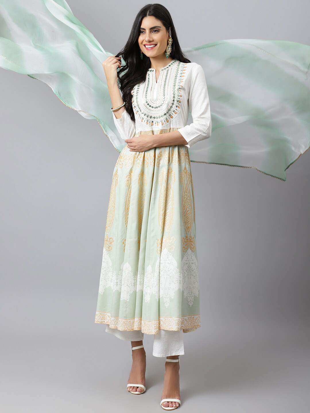 

Khushal K Ethnic Motifs Printed Mirror Work Anarkali Kurta with Trousers & Dupatta, Green