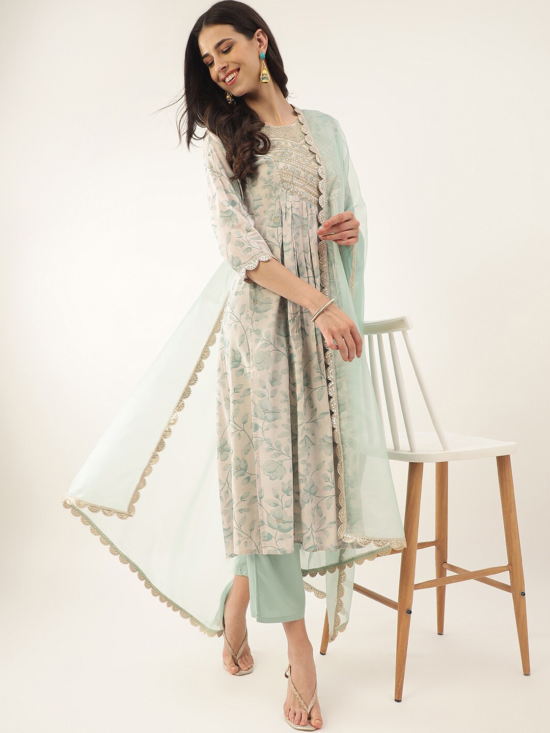 

Khushal K Floral Printed Empire Thread & Mirror Work Kurta with Palazzos & Dupatta, Off white