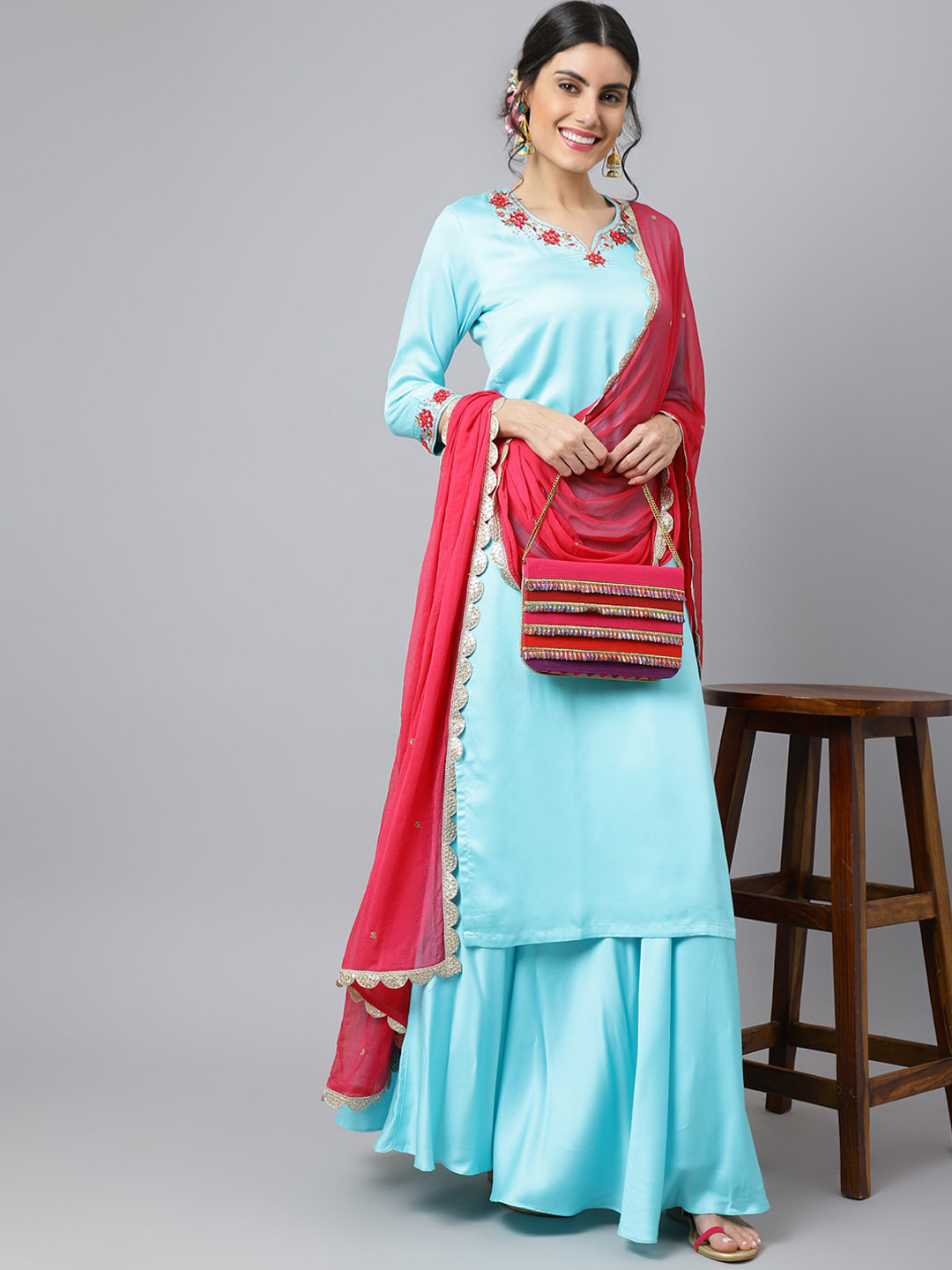 

Khushal K Floral Embroidered Bones & Stones Kurta with Palazzos & Dupatta, Turquoise blue