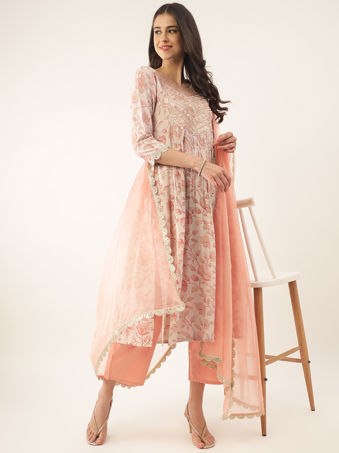 

Khushal K Floral Printed Thread Work Sequined Kurta with Palazzos & Dupatta, Peach