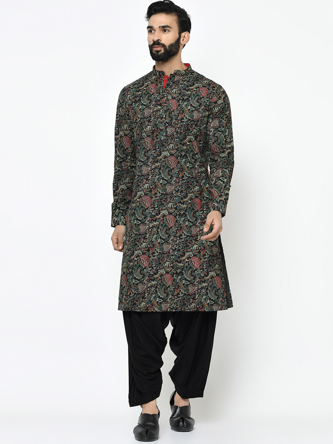 

KISAH Ethnic Motifs Printed Mandarin Collar Pure Cotton Kurta With Patiala, Black