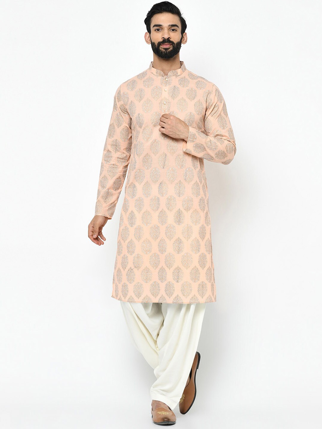 

KISAH Men Printed Regular Fit Ethnic Motifs Kurta Patiyala Set, Peach