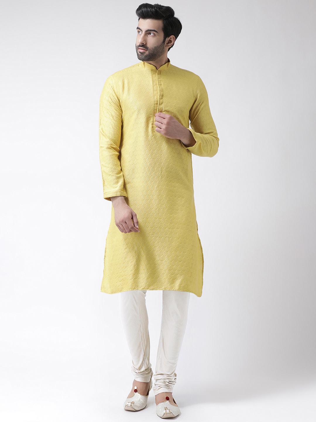 

KISAH Men Woven Jacquard Regular Fit Ethnic Motifs Kurta Churidar Set, Yellow