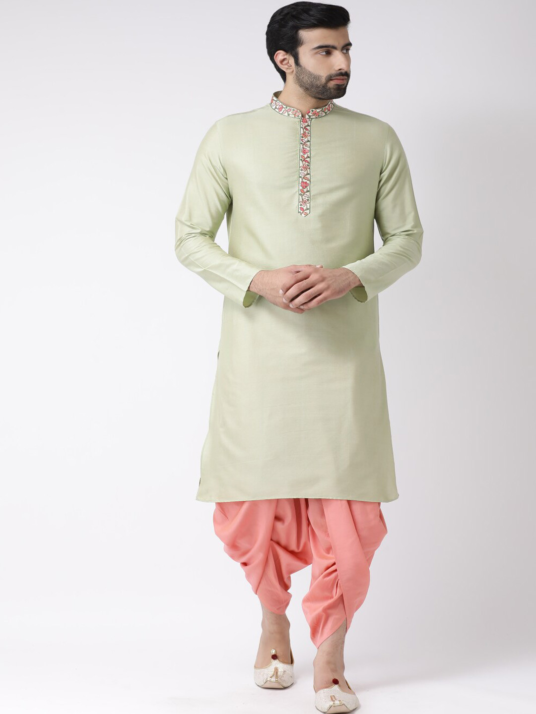 

KISAH Men Solid Regular Fit Thread Work Kurta Dhoti Set, Green