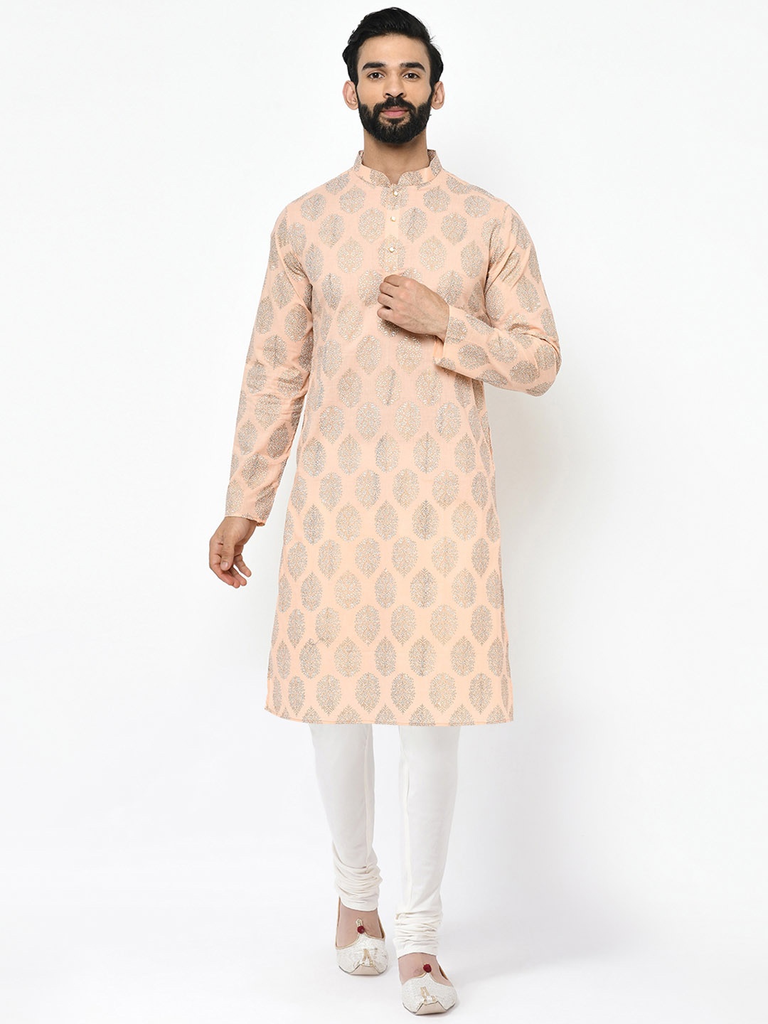 

KISAH Mandarin Collar Ethnic Motifs Printed Straight Kurta with Churidar, Peach