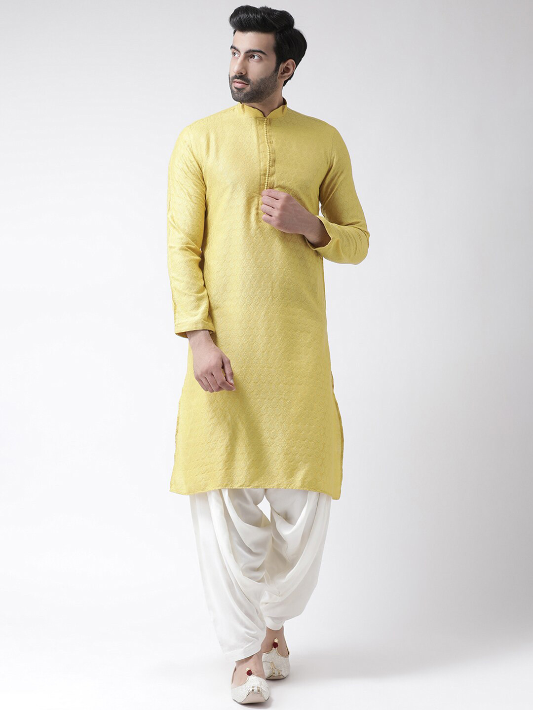 

KISAH Men Woven Jacquard Regular Fit Ethnic Motifs Kurta Patiyala Set, Yellow