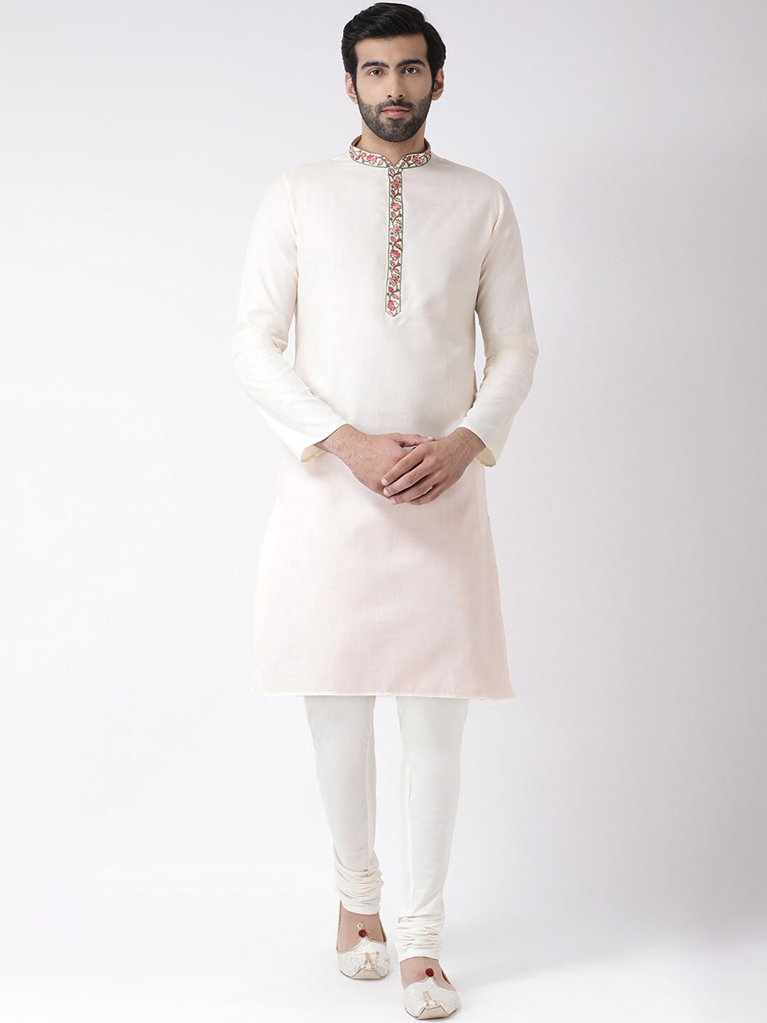

KISAH Mandarin Collar Floral Yoke Design Straight Kurta with Churidar, White