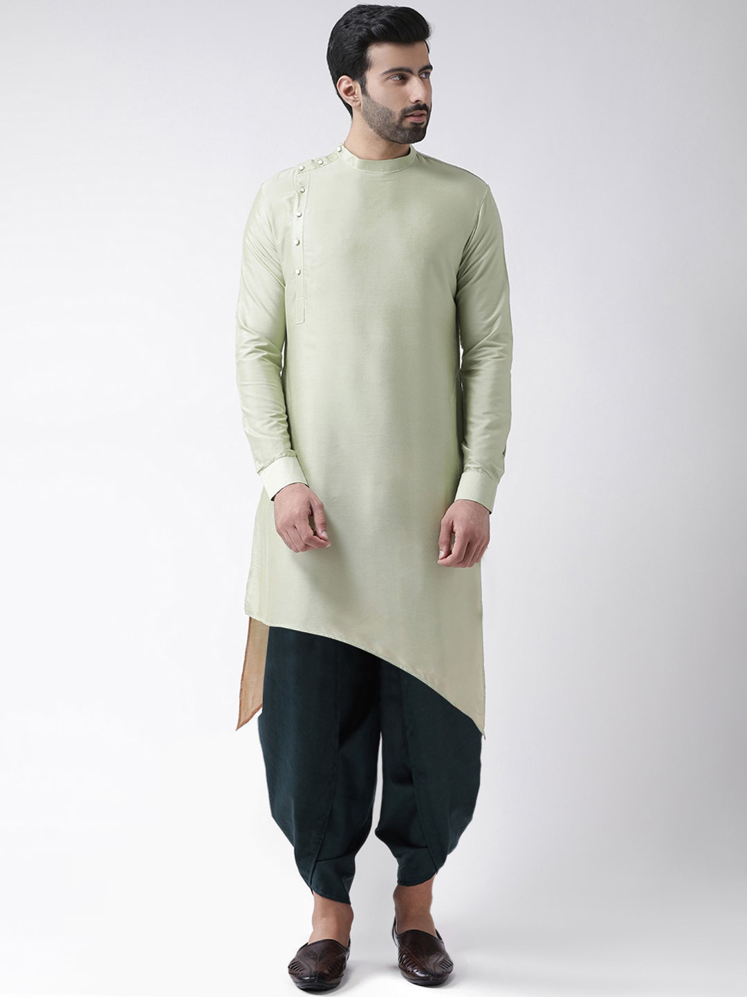 

KISAH Men Regular Fit Solid Asymmetric Kurta Dhoti Set, Green