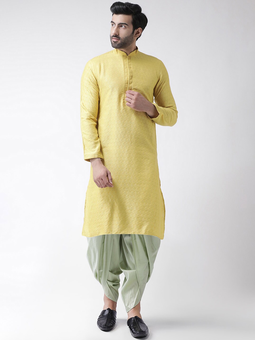 

KISAH Men Ethnic Motifs Woven Design Kurta with Dhoti Pants Set, Mustard