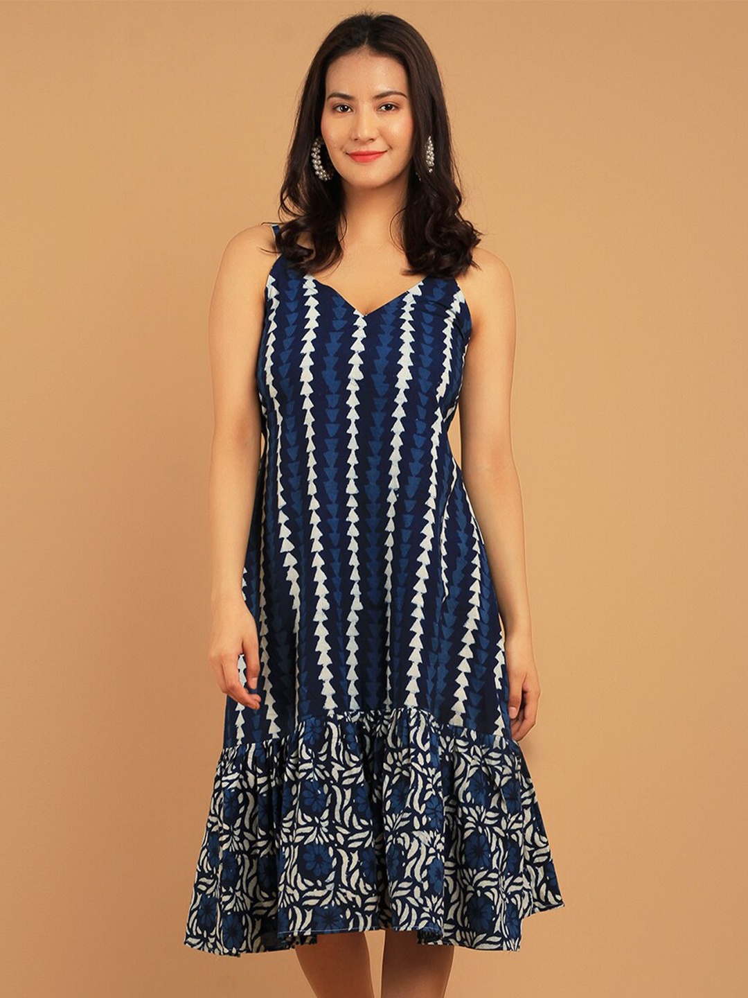 

INDOPHILIA Geometric Printed Pure Cotton Drop-Waist Midi Dress, Blue