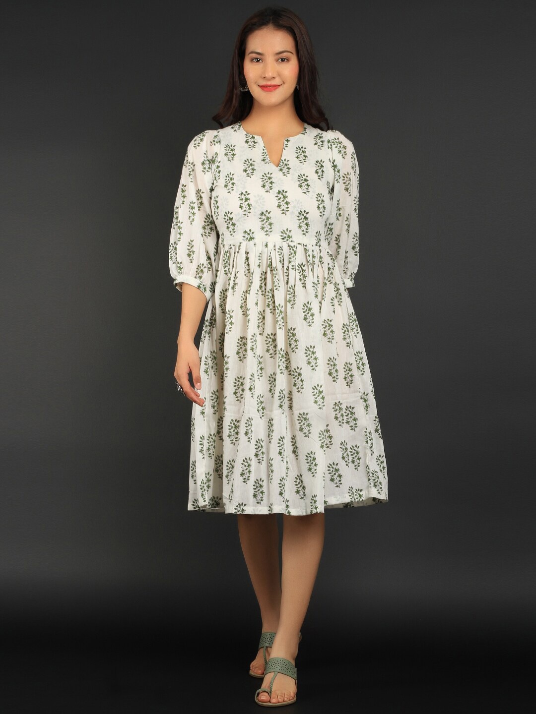 

INDOPHILIA Floral Printed Puff Sleeves Pure Cotton Fit & Flare Dress, White
