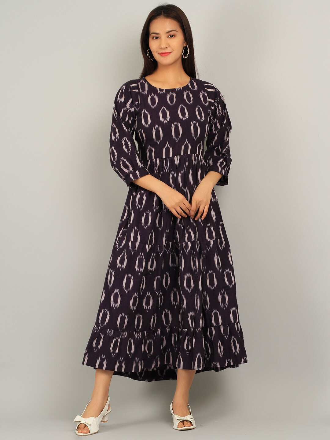

INDOPHILIA Ikat Printed Pure Cotton Fit & Flare Midi Dress, Purple