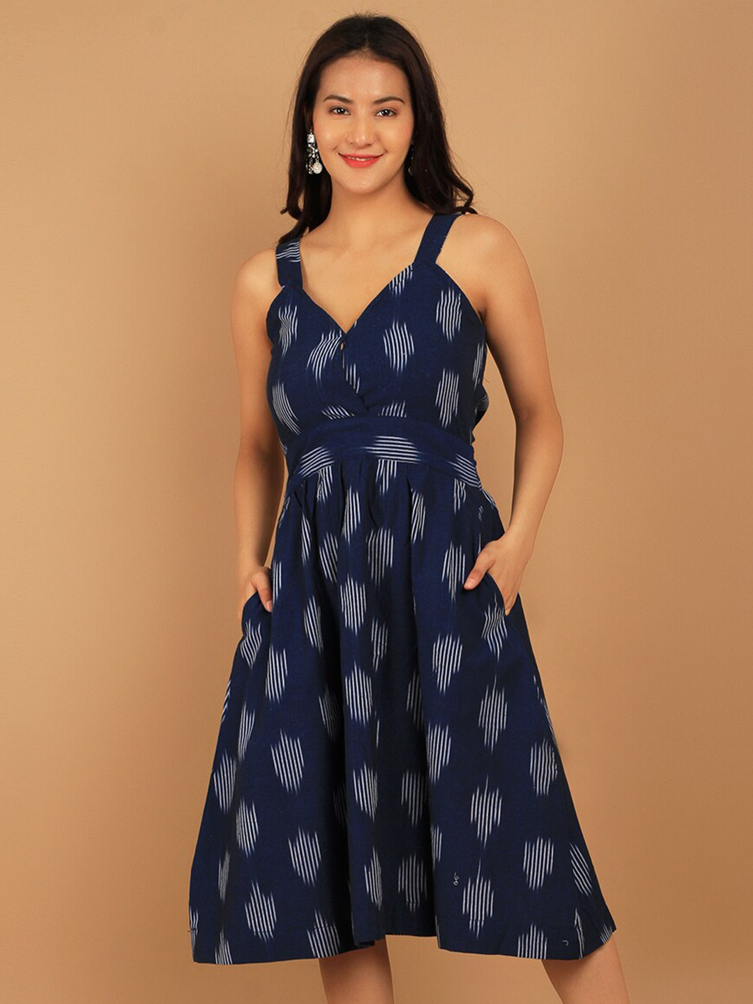 

INDOPHILIA Ikat Printed Shoulder Straps Pure Cotton A-Line Midi Dress, Blue