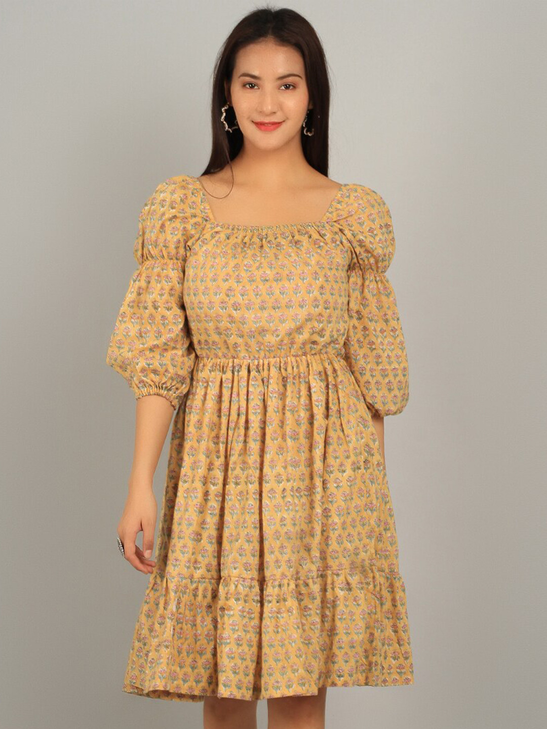 

INDOPHILIA Floral Printed Puff Sleeve Pure Cotton Fit & Flare Dress, Yellow