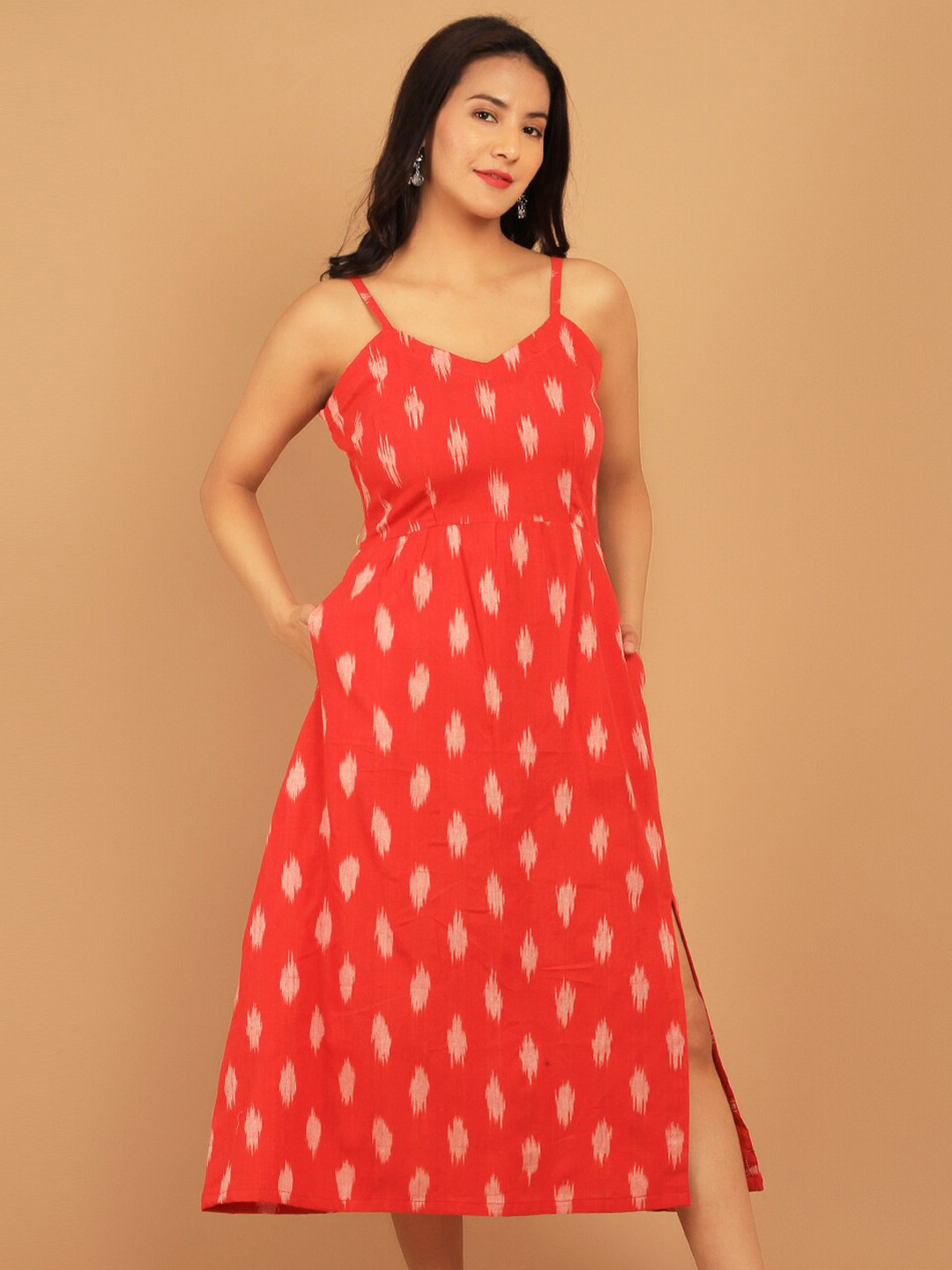 

INDOPHILIA Ikat Ethnic Motif Printed Pure Cotton A-Line Midi Dress, Red
