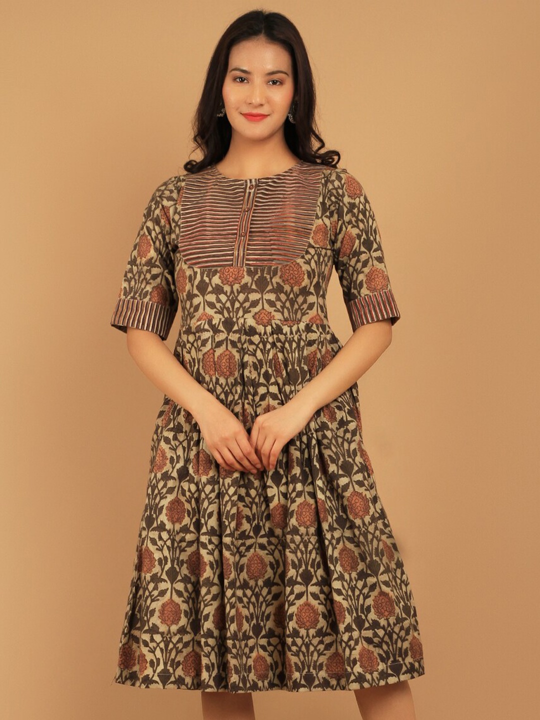

INDOPHILIA Floral Printed Pure Cotton Fit & Flare Midi Dress, Brown