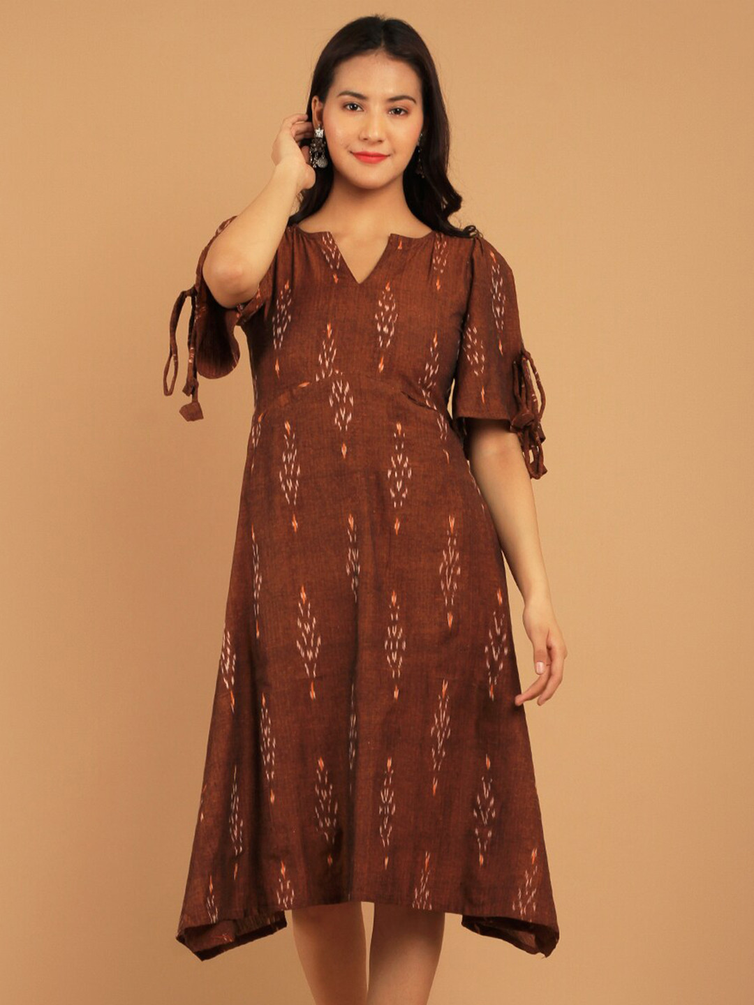 

INDOPHILIA Ikat Printed Notch Neck Pure Cotton A-Line Midi Dress, Brown