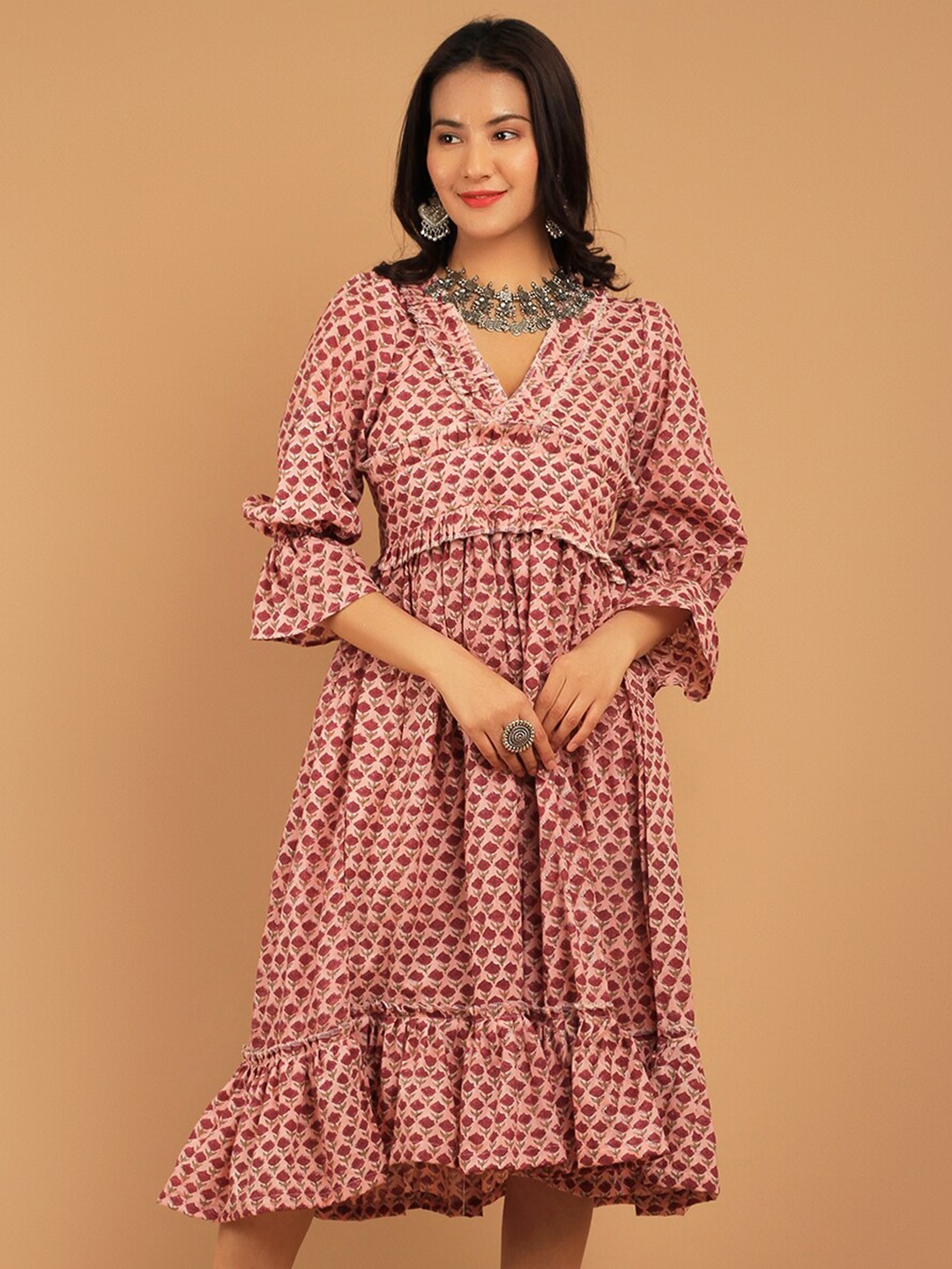 

INDOPHILIA Floral Printed V-Neck Pure Cotton Fit & Flare Midi Ethnic Dress, Red