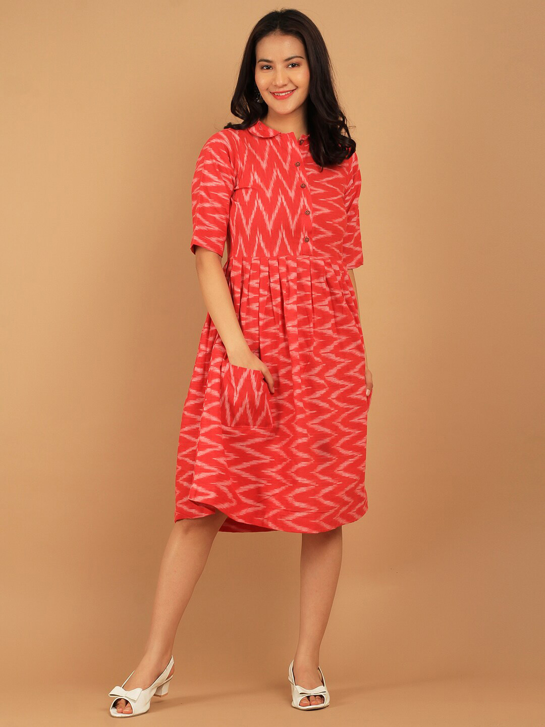 

INDOPHILIA Ikat Ethnic Printed Pure Cotton A-Line Dress, Red