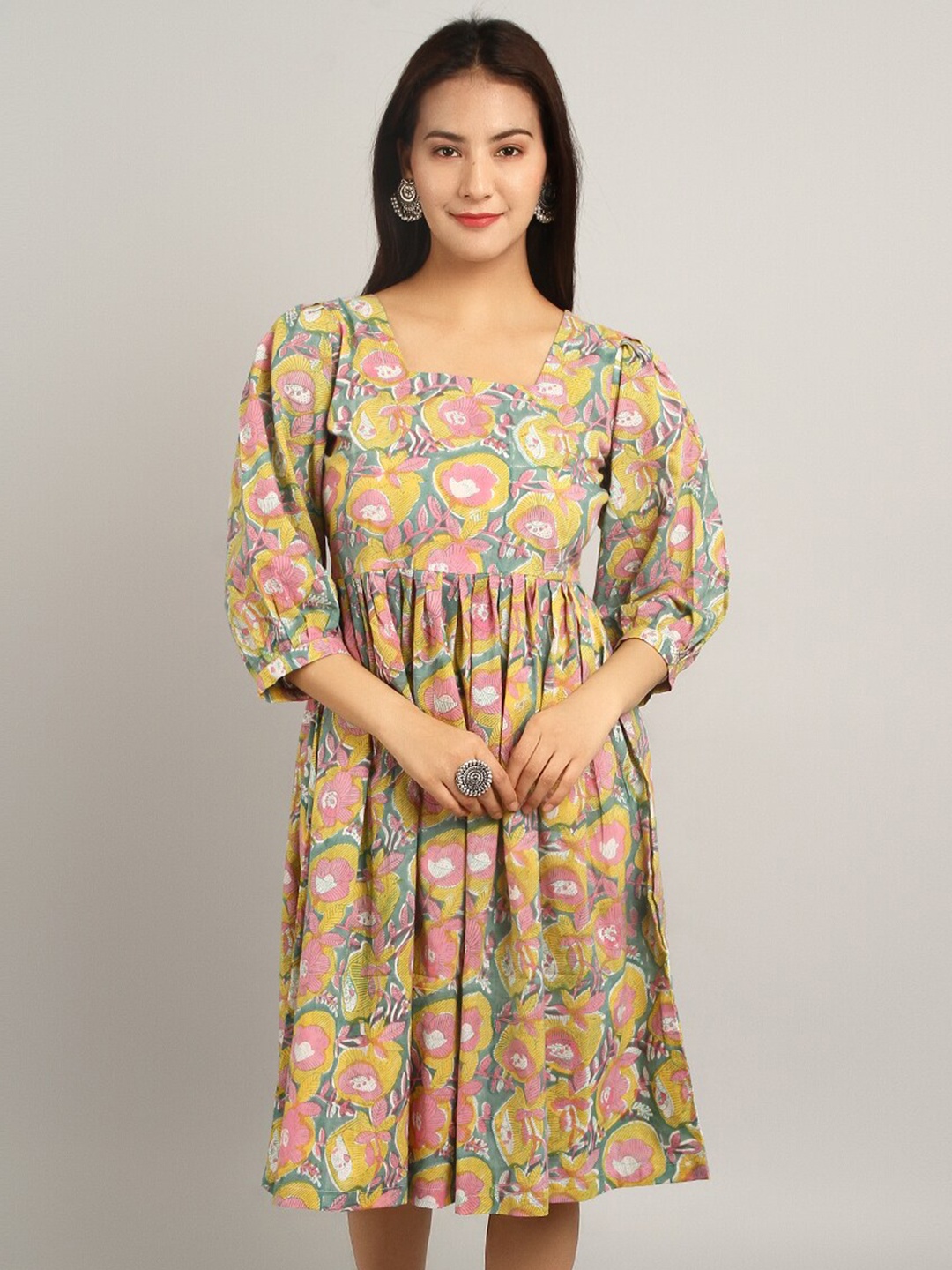 

INDOPHILIA Floral Printed Puff Sleeves Pure Cotton Fit & Flare Midi Dress, Yellow