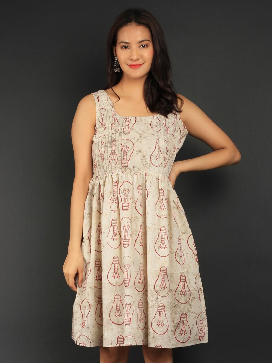 

INDOPHILIA Conversational Printed Pure Cotton Fit & Flare Dress, Beige