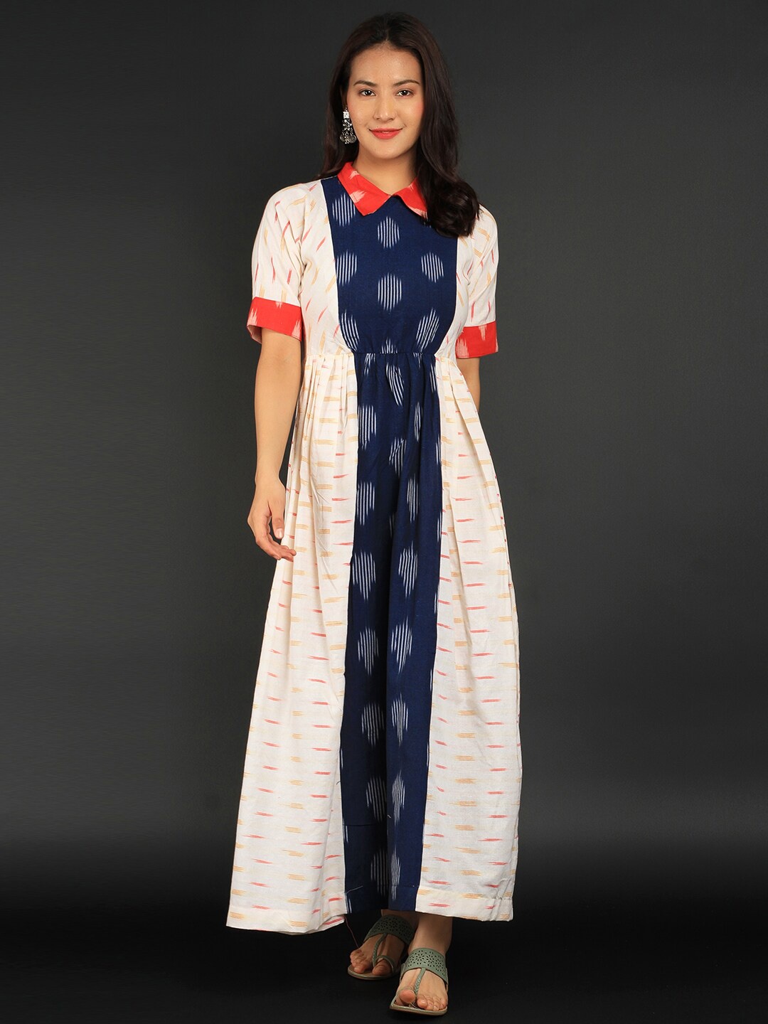 

INDOPHILIA Shirt Collar Ethnic Motifs Printed Pure Cotton Maxi Dress, White