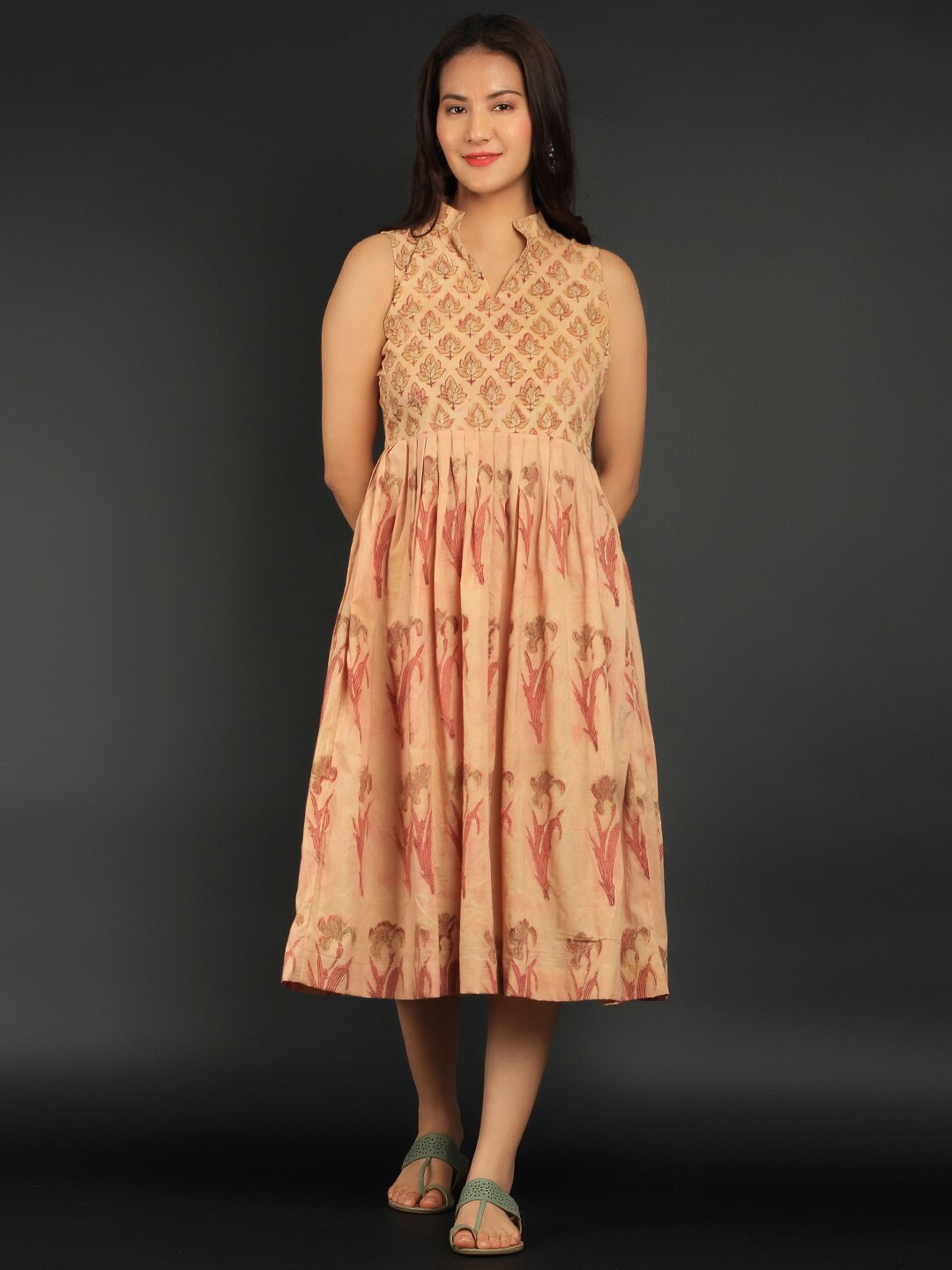 

INDOPHILIA Floral Printed Pure Cotton Fit & Flare Midi Dress, Peach