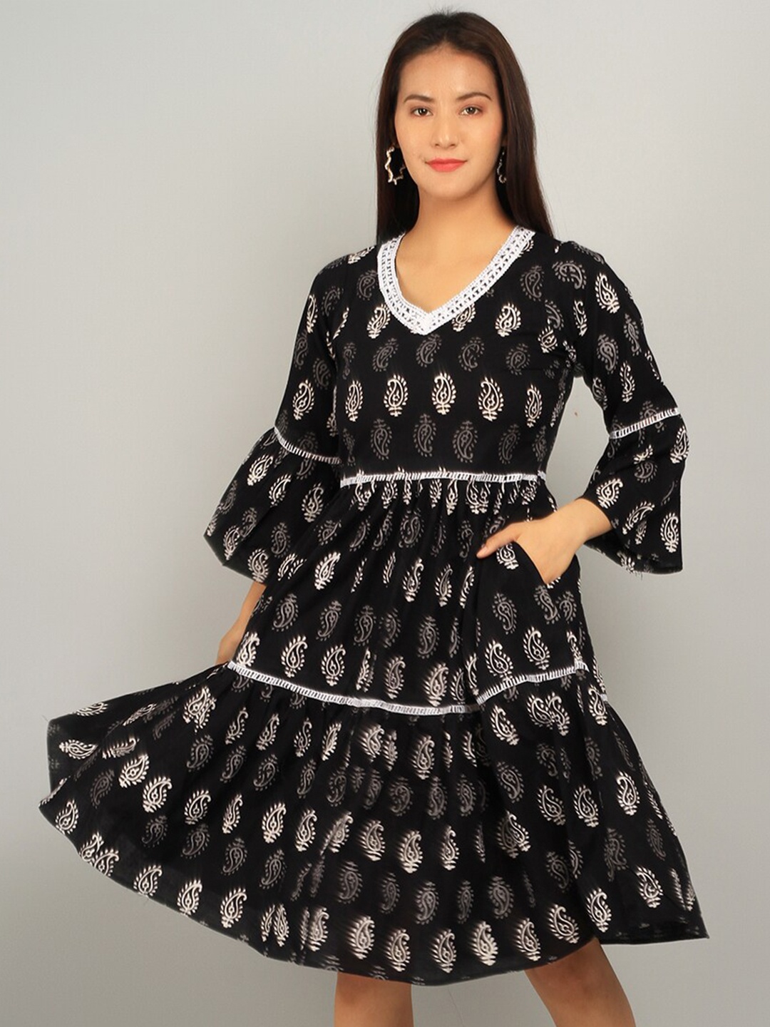 

INDOPHILIA Ethnic Motifs Printed Bell Sleeves Tiered Pure Cotton Fit & Flare Dress, Black