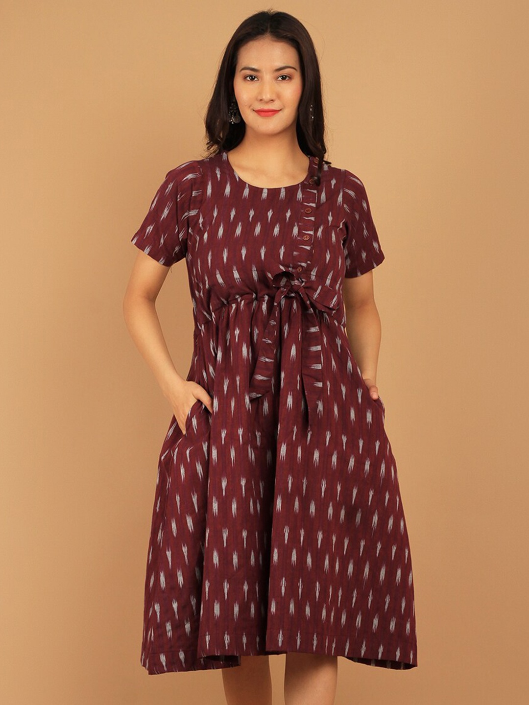 

INDOPHILIA Ikat Printed Pure Cotton Midi Ethnic Dress, Maroon