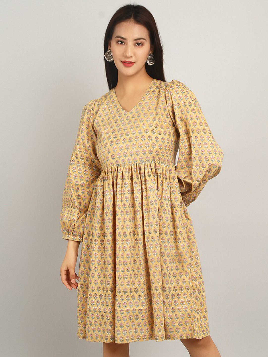 

INDOPHILIA Floral Printed Puff Sleeve Pure Cotton Fit & Flare Dress, Yellow
