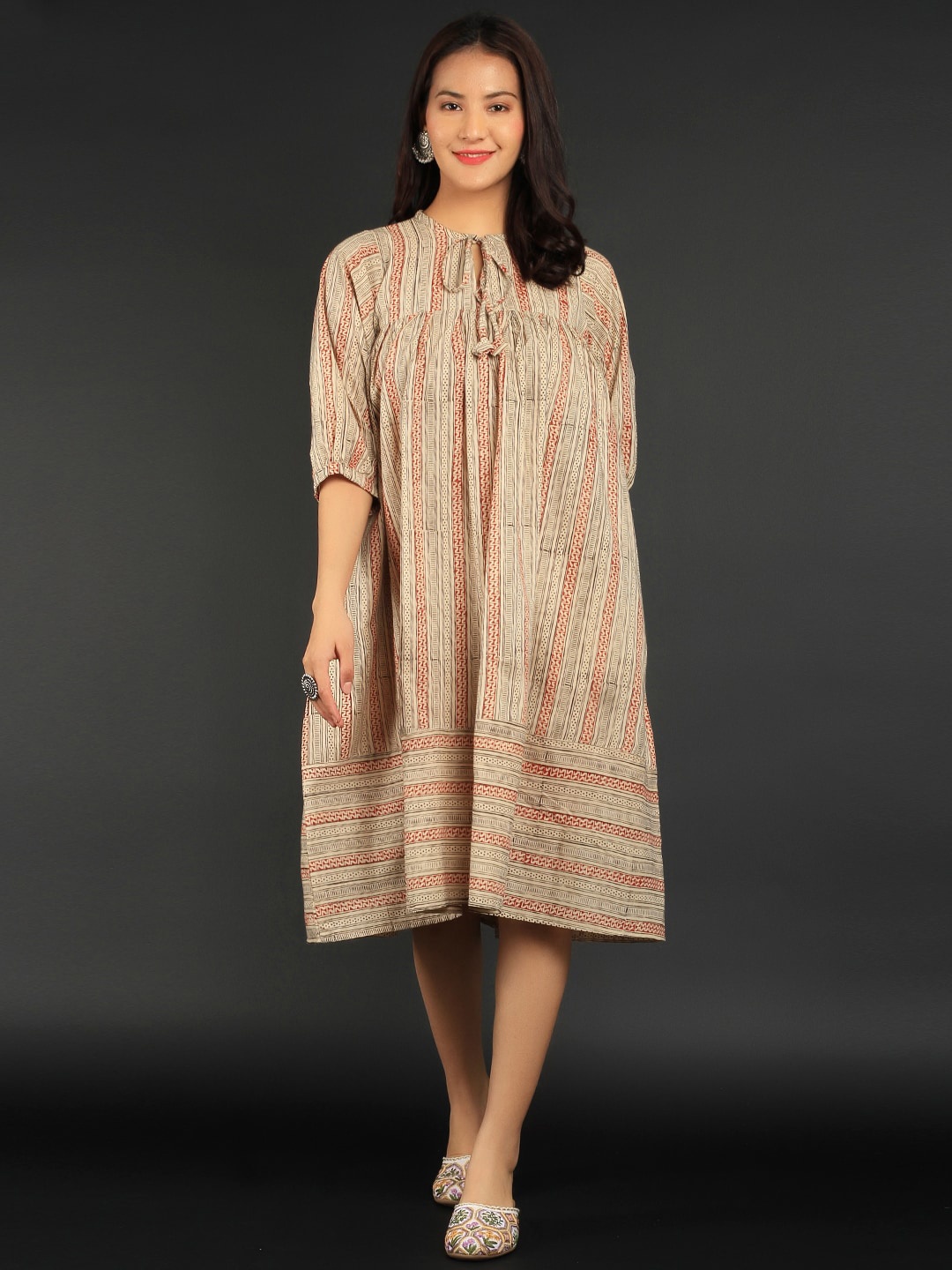 

INDOPHILIA Striped Tie-Up Neck Pure Cotton A-Line Dress, Beige