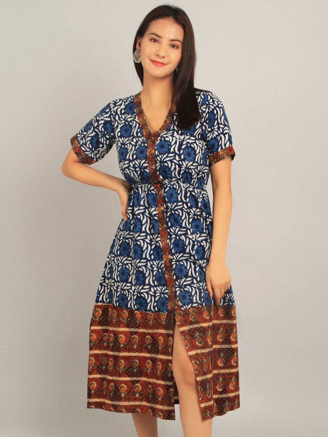 

INDOPHILIA Ethnic Motifs Printed Pure Cotton A-Line Dress, Blue