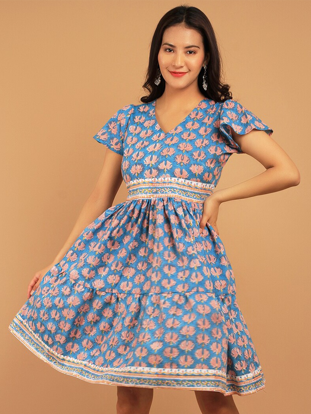

INDOPHILIA Floral Printed Pure Cotton Fit & Flare Dress, Blue