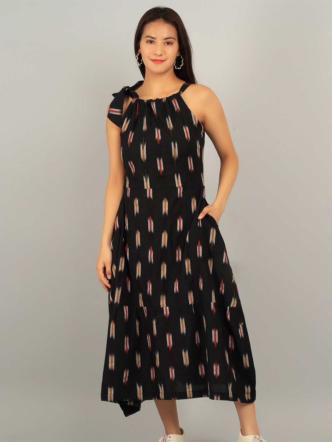 

INDOPHILIA Ikat Printed Shoulder Straps Pure Cotton A-Line Midi Dress, Black