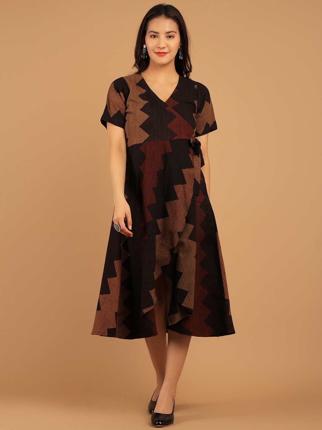 

INDOPHILIA Chevron Printed Pure Cotton Wrap Midi Dress, Brown