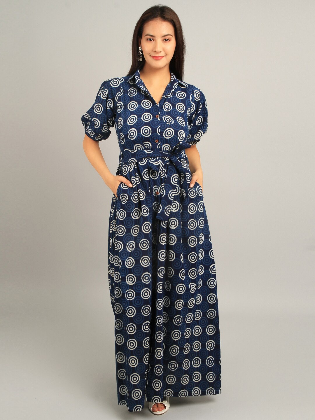 

INDOPHILIA Geometric Printed Puff Sleeves Shirt Maxi Dress, Blue