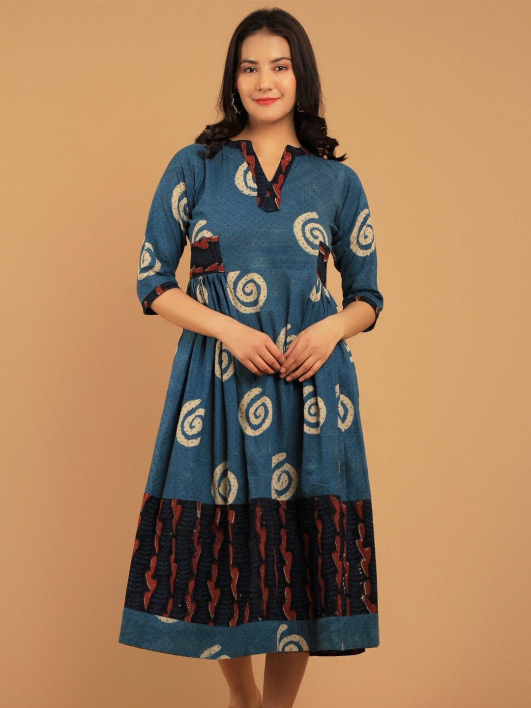 

INDOPHILIA Ethnic Motifs Printed Pure Cotton Fit & Flare Midi Ethnic Dress, Blue