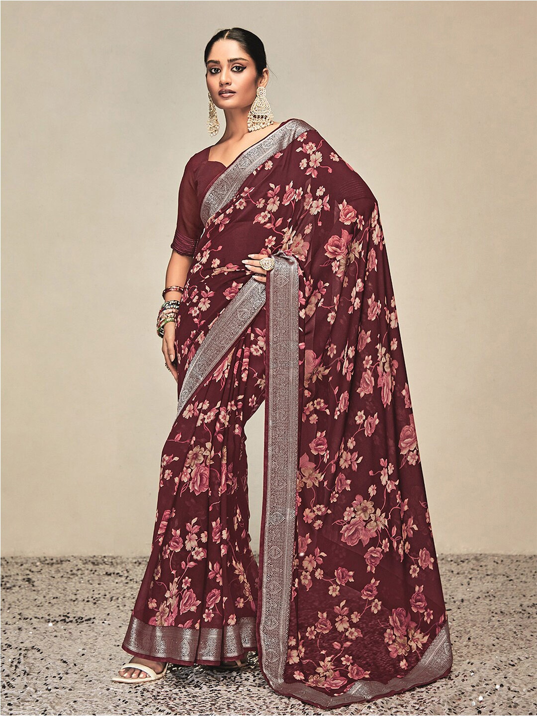

Satrani Floral Printed Zari Saree, Maroon