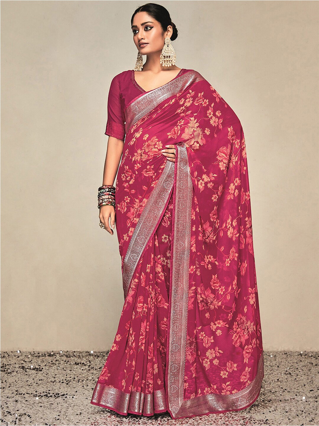 

Satrani Floral Printed Zari Saree, Pink