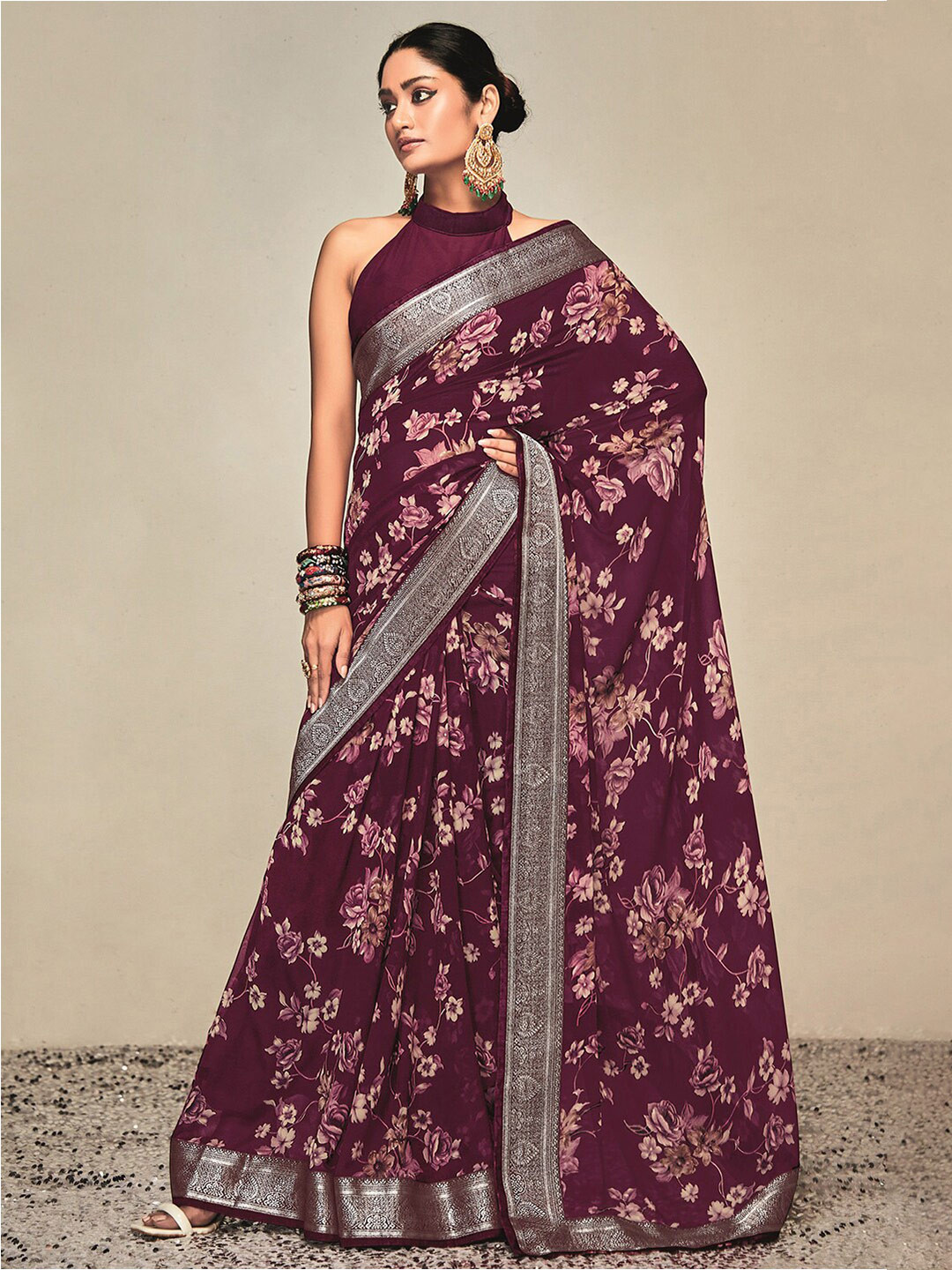 

Satrani Floral Printed Zari Saree, Purple