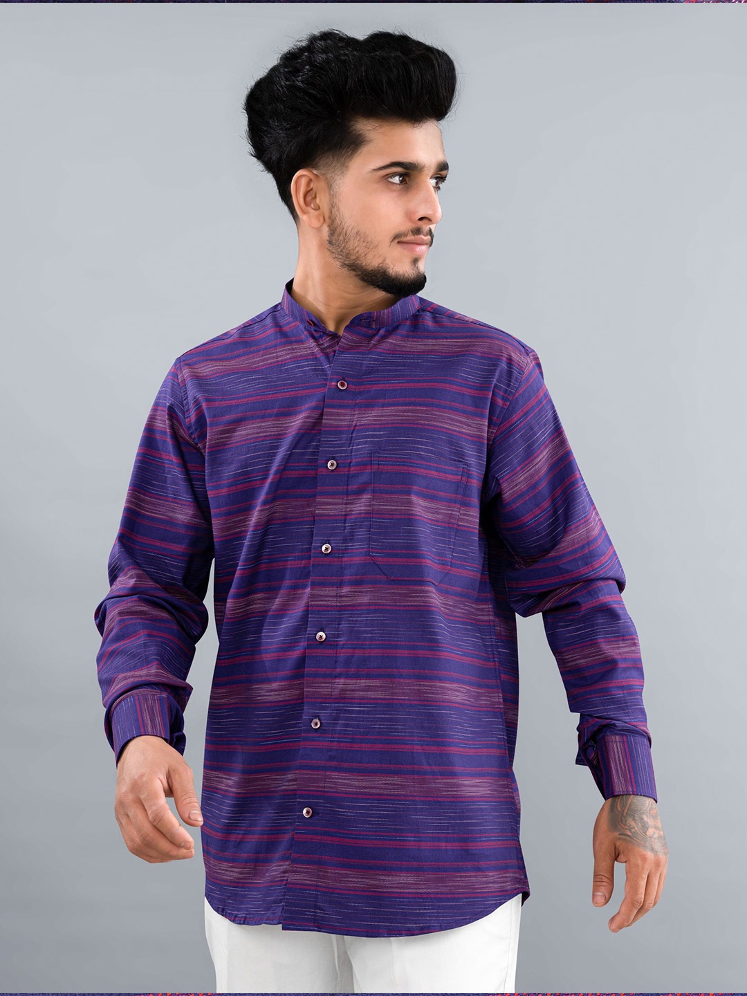 

FRENCH CROWN Horizontal Striped Spread Collar Standard Cotton Casual Shirt, Blue