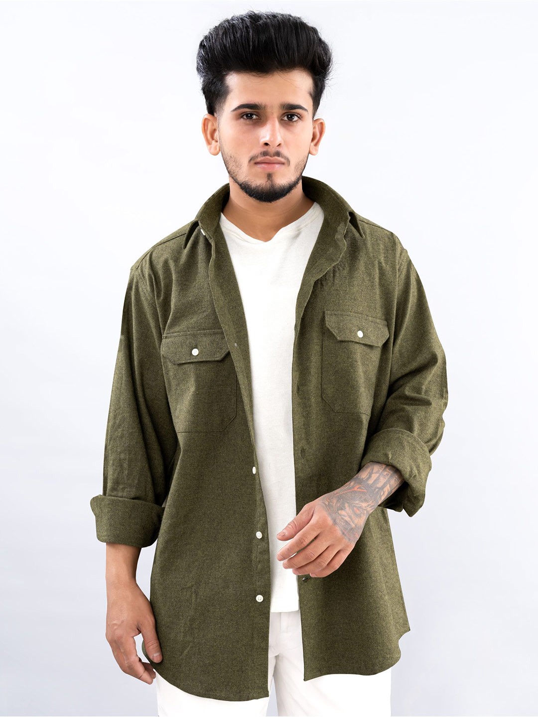 

FRENCH CROWN Spread Collar Linen Casual Shirt, Green