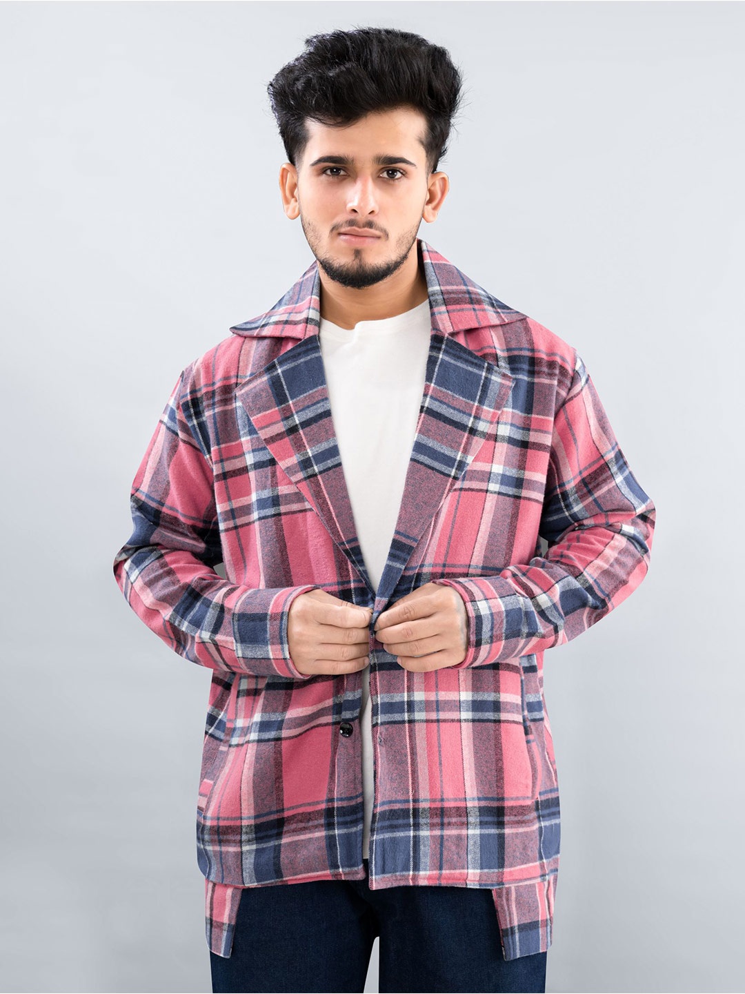 

FRENCH CROWN Tartan Checked Notched Lapel Single-Breasted Cotton Blazer, Pink