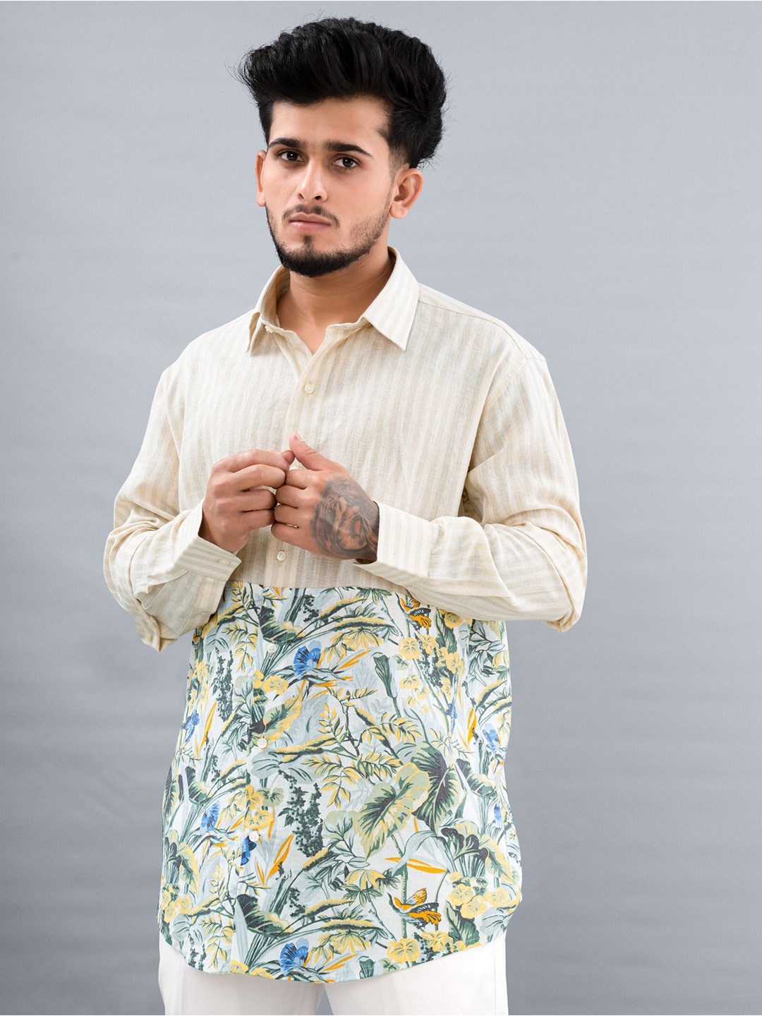 

FRENCH CROWN Floral Printed Linen Casual Shirt, Cream